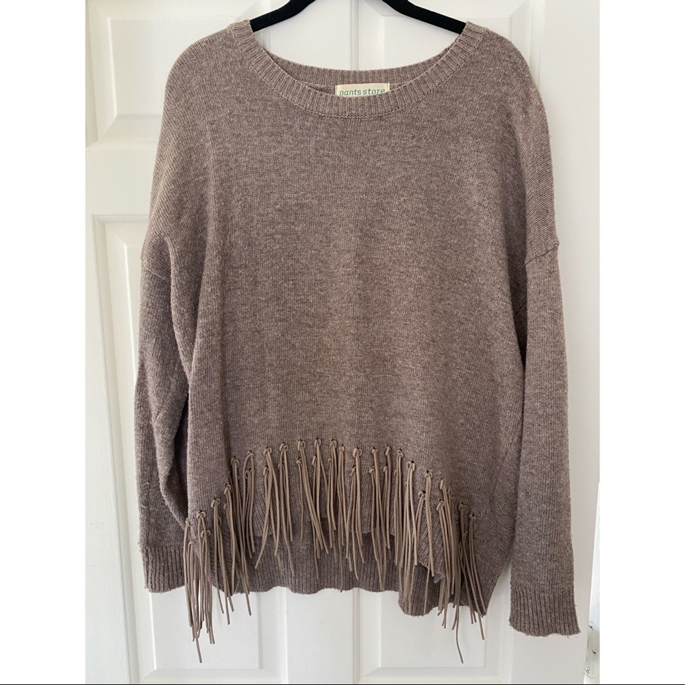 Pants Store Taupe Sweater with Leather Fringe